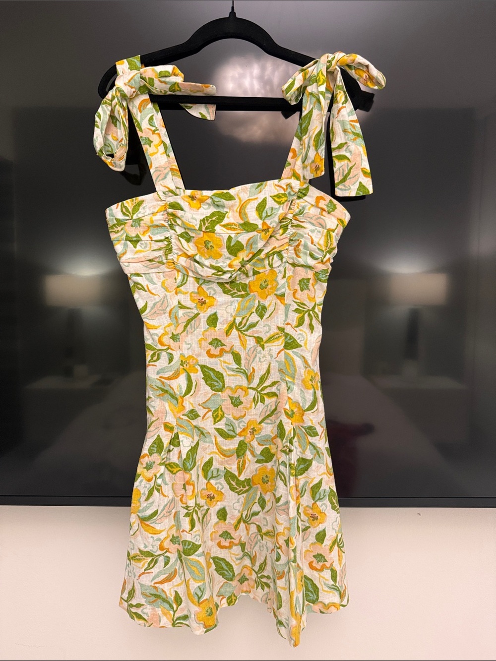 Zara Yellow & Green Floral Tie-Shoulder Mini Dress